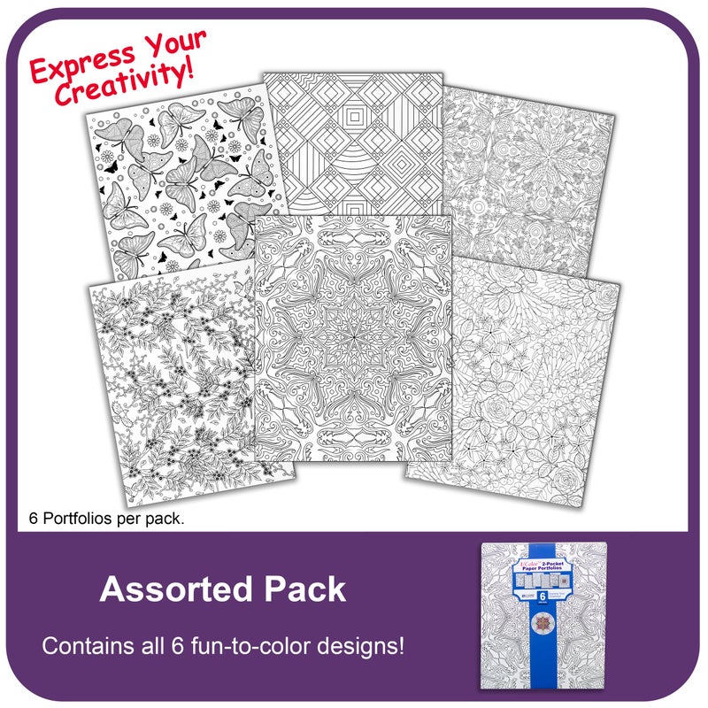 C-Line UColor Two Pocket Coloring Folders, Set of 6 Assorted Adult Patterns (15217) White - Image 2